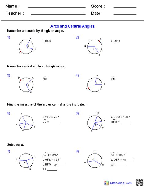 These Angles Worksheets will produce problems for identifying and working with central angles and arcs. You may select the figures to name, the number of points on the circle's perimeter, and the types of figures inscribed in the circles. Figures to Name: Arcs Central Angles Both Types of Figures Figures to Find Measures of: Arcs Central Angles. 