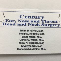 Century ear nose and throat. Meet Our Team. Kyle Eichelberger, PA-C. Otolaryngology - Head and Neck Surgery, Pediatrics - Otolaryngology (ENT), Ear, Nose and Throat. Carle Outpatient Services at The Fields. (217) 902-3277. Stephanie Zuber, PA. Otolaryngology - Head and Neck Surgery, Allergy, Ear, Nose and Throat. Carle Richland Memorial Hospital. (618) … 