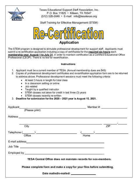 the time of certificate renewal; however, it must be submitted to TEA in case of a certificate audit. Administrative and Student Services certification requires 200 hours over five-year increments. Employees will follow state guide-lines for taking appropriate professional development courses for maintaining certification.. 