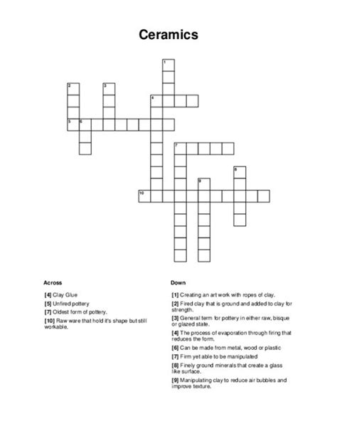 The Crossword Solver found 30 answers to "ceramic material", 4 letters crossword clue. The Crossword Solver finds answers to classic crosswords and cryptic crossword puzzles. Enter the length or pattern for better results. Click the answer to find similar crossword clues . Enter a Crossword Clue.. 