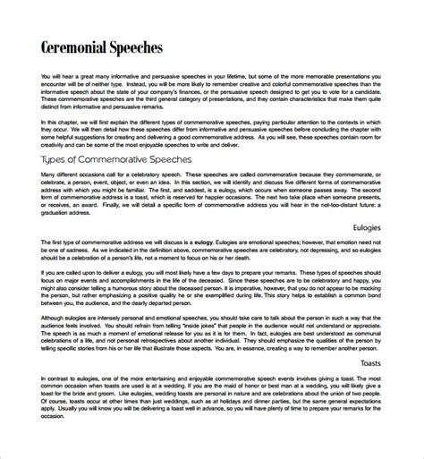 Ceremonial speech example. Chapter 15 in the 13th Edition has been revised to include more sample ceremonial speeches for students to read and examine. Information on presenting a “toast” has been added as yet another type of ceremonial speech to consider. The sections on impromptu and manuscript speeches have been moved to Chapter 11, making chapter 15 a more ... 