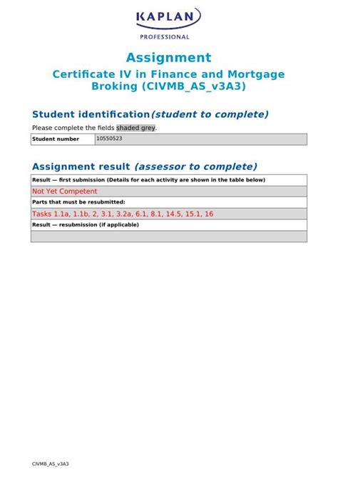 Certificate IV in Finance and Mortgage Broking - Assignment