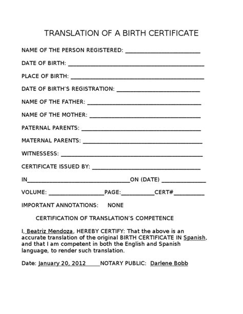 Certificate Of Birth Translation Template