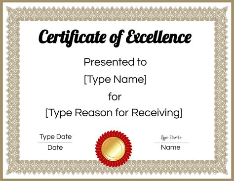 Certificate Of Excellence Template