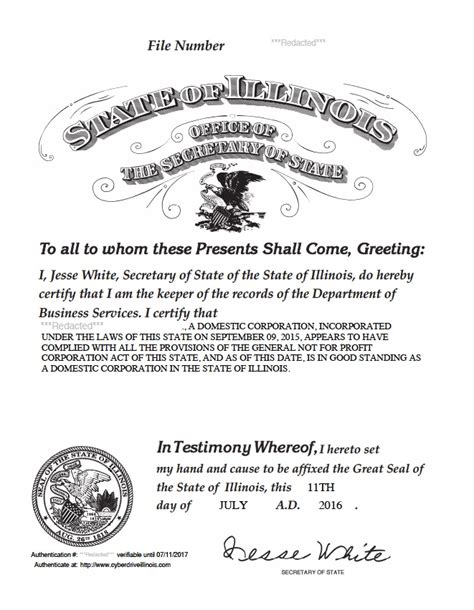 Certificate Of Good Standing - State Of Illinois Renewal