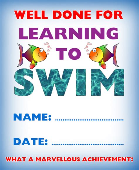 Certificate of Achievement Well Done for Learning to Swim Learn to