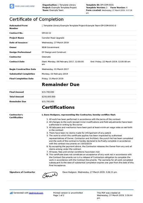 Certificate of Final Completion Form For Construction Project