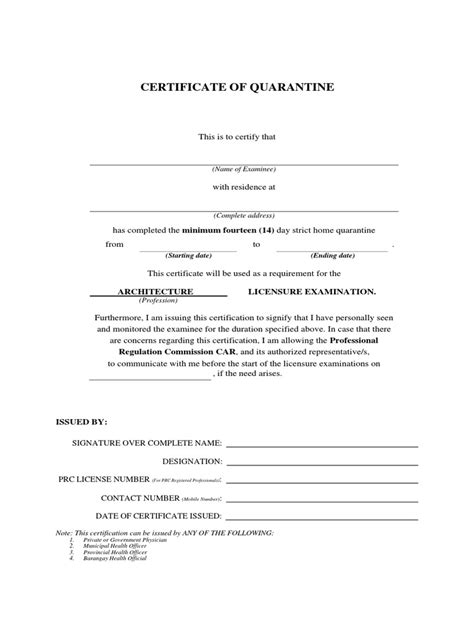 Certificate of Quarantine: Licensure Examination PDF