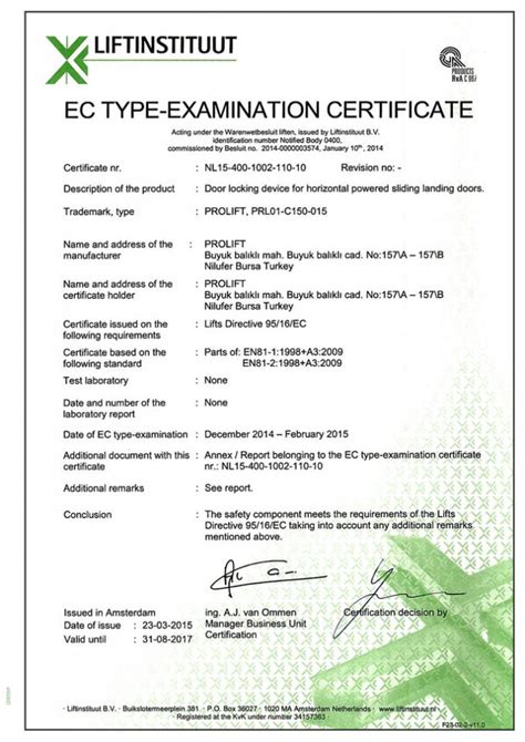 Certificates Prolift Elevator.