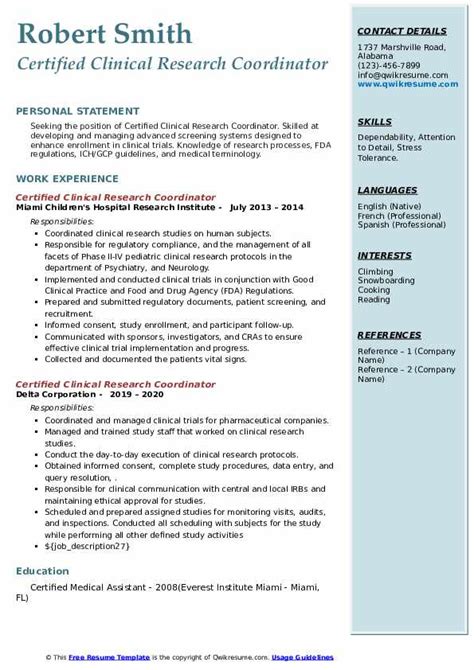Certified Clinical Research Coordinator Resume Samples QwikResume