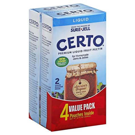 Certo sure jell. Here are some helpful conversions: 1 box liquid pectin contains: 2, 3-ounce pouches. 1 box powdered pectin contains: 1, 1 3/4-ounce packet. 2 tablespoons (6 teaspoons) liquid = 1 tablespoon (3 … 