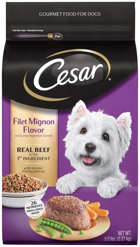 Cesar food dog. There is a lot of meat protein in this food even if it comes from less desirable sources. The 22.2 percent fat in Cesar Meaty Selects Filet Mignon Flavor is also well above the government’s recommendations (9 to 15 percent for an … 