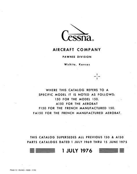 Cessna 150 a150 f150 parts manual catalog 1970 1977. - Contribución a la bibliografía de julio e. payró.