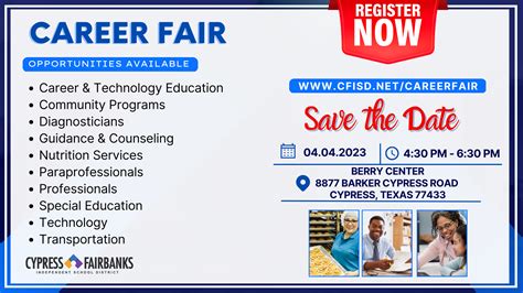 Cfisd careers. March 14, 2024 —The CFISD human resources department invites prospective employees interested in becoming a part of an exciting future with Cypress-Fairbanks ISD to attend the districtwide Career Fair, set for April 17 from 4:30 to 6:30 p.m. (doors open at 3:45 p.m.) at the Berry Center (8877 Barker Cypress Road). 