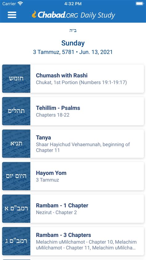 Chabad.org - Daily Torah Study Chabad.org Religion & Spirituality 4.7 • 105 Ratings; Classes on Tanya, divided according to the daily schedule; the book of Rambam - Maimonides and his Sefer Hamitzvos, also divided according to the daily study cycle. MAY 7, 2024; Daily Mitzvah for May 7, 2024 - Nissan 29, 5784 .... 