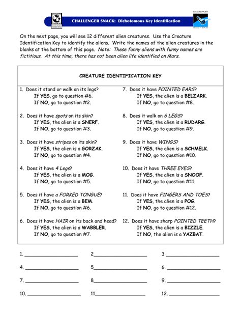 Challenger Snack Dichotomous Key Identifications Answer Key