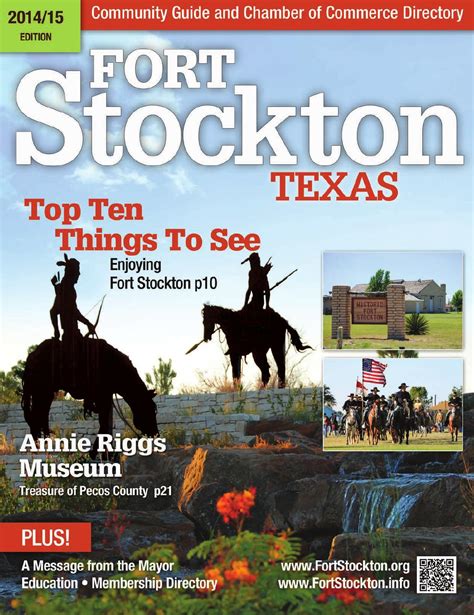Fort Stockton Chamber of Commerce is located at 1000 E Railroad Ave Fort Stockton, TX 79735-3450. They can be contacted via phone at 4233362264 for pricing, hours and …. 