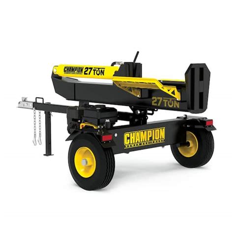Champion 27 ton wood splitter. 25-Ton Log Splitter. 2 Year Limited Warranty. Champion’s towable 25-ton log splitter with its 224cc engine easily powers through the toughest logs. The fast 12-second cycle time and auto-return valve reduce your work time, while the handy log catchers and easy adjustment from horizontal to vertical save your back. Details. 