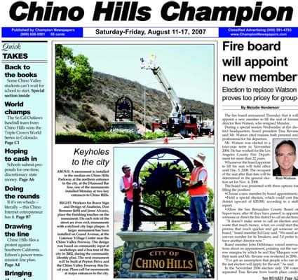 Champion newspaper chino ca. Champion Newspapers daily newsletter Register to receive our free daily newsletter by email News Updates. Please enter a valid email address. Sign up. Manage your lists. The Champion's newsletter is emailed Monday through Friday ... Chino, CA 91710 Phone: (909) 628-5501. Follow Us 