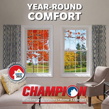 Champion windows. Overview. Champion Windows and Home Exteriors offers new replacement windows, patio enclosures, sunrooms, vinyl siding and entry doors. All products are designed, built, installed, and guaranteed ... 