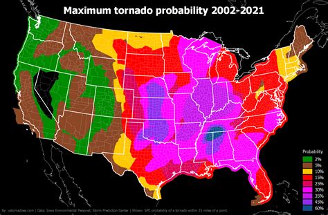 Today’s tornado probabilities The probability of a tornado within 25 miles of a point. If a hatched area is included in the image, which is only done with probabilities of 10 percent or higher, strong tornadoes are more of a concern than normal.