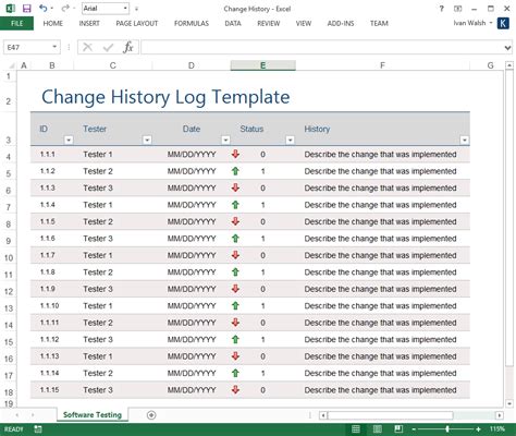 Change History Log Template MS Excel Software Testing Templates
