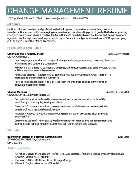 Change Manager Roles And Responsibilities Resume