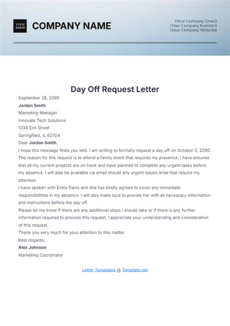 Change day off request letter sample.  Learn how to write a professional and persona...