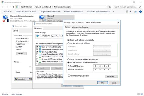 Example: Changing DNS server settings on Windows 10. Go to the Control Panel. Click Network and Internet > Network and Sharing Center > Change adapter settings. Select the connection for which you want to configure Google Public DNS. For example: To change the settings for an Ethernet connection, right-click the Ethernet interface and select ....