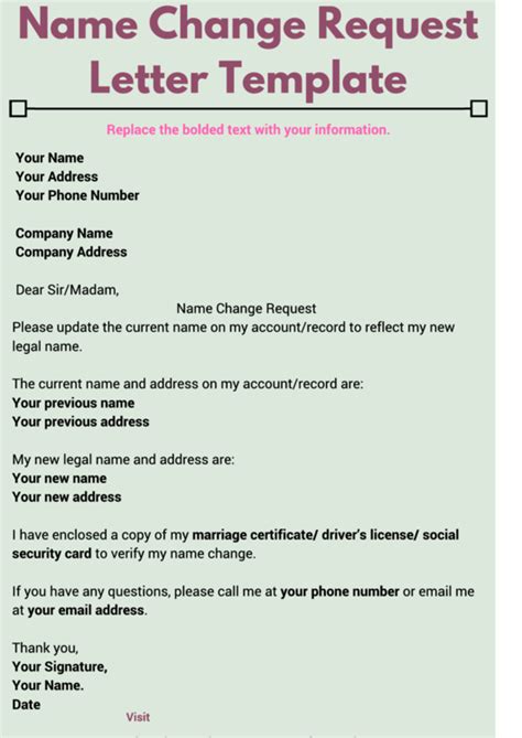 Change name request letter to reflect new name in Word and Pdf formats
