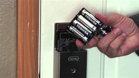 Change schlage battery. The lock will remain unlocked from the outside until you change the battery or manually relock the door from the inside! Resolution: Connect a new high-quality alkaline 9 volt battery to the contacts below the touchscreen keypad. Enter a User Code into the keypad. Rotate the lever to open the door. Replace the dead battery with the new 9 volt ... 