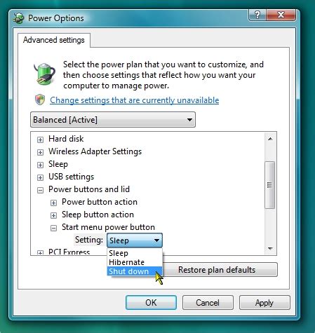 Change the Windows Vista Start Menu Power Button Action