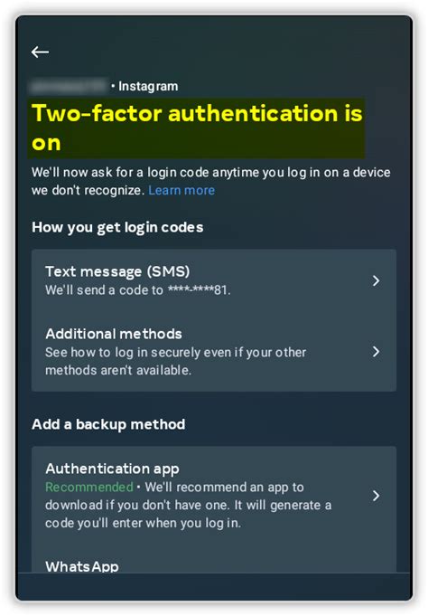 Change your phone number for two-factor authentication on Instagram .