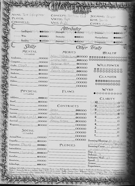 Changeling Character Sheet