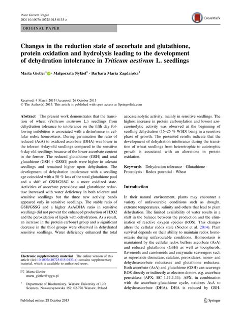 Changes in the reduction state of ascorbate and glutathione, …