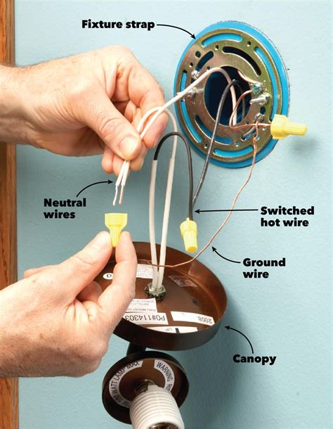 Changing a light fixture. To install a fixture without existing wiring, cut a hole in the wall and ceiling for a junction box and the fixture. Thread an electrical Romex cable through each hole. Connect the wiring to the new fixture by twisting the corresponding wires clockwise. Place the wire nuts over the wires and mount the fixture. 1. 