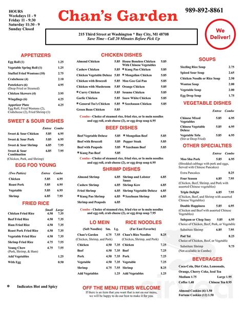Chans garden bay city menu. Start your review of Chan's Garden. Overall rating. 79 reviews. 5 stars. 4 stars. 3 stars. 2 stars. 1 star. Filter by rating. Search reviews. Search reviews. Jesslyna B. Hamilton, IN. 0. 10. Feb 19, 2019. I love this place! By far my favorite Chinese restaurant. Their food is super tasty and the service is great! Me and my husband were going ... 