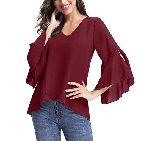 Chaps Women S Bell Sleeve Blouse Top Shirt Chiffon Tunic Ruffle …