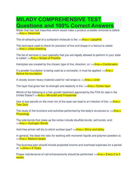 Chapter 11 milady review questions. milady exam review chapter 23. Facials 2023 WITH CORRECT ANSWERS. Course; Milady chapter 23. Facials; ... - Milady final review 100 question test with correct answers 2023 3. Exam (elaborations) - Milady exam review chapter 1-32 2023 ... you only buy these notes for $11.49. You're not tied to anything after your purchase. 