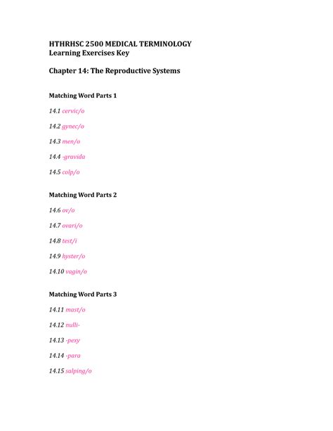 Chapter 14 Learning Exercises Key HTHRHSC 2500 MEDICAL TERMINOLOGY