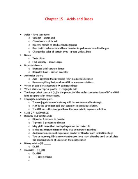 Chapter 15 Acids Bases Study Guide