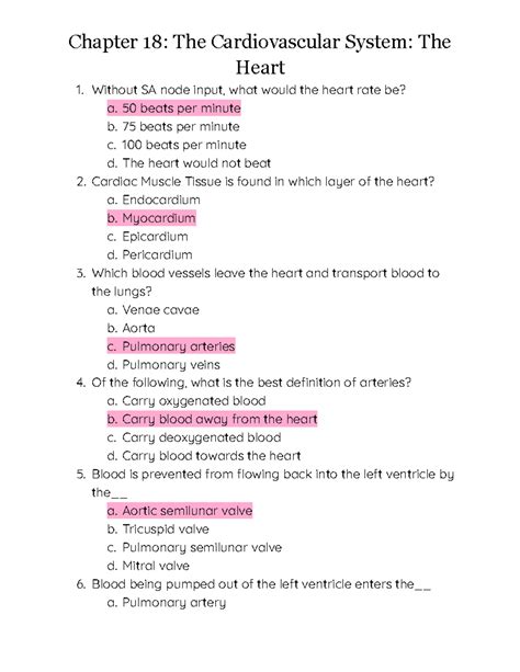 Chapter 18 Anatomy of the Cardiovascular System Test