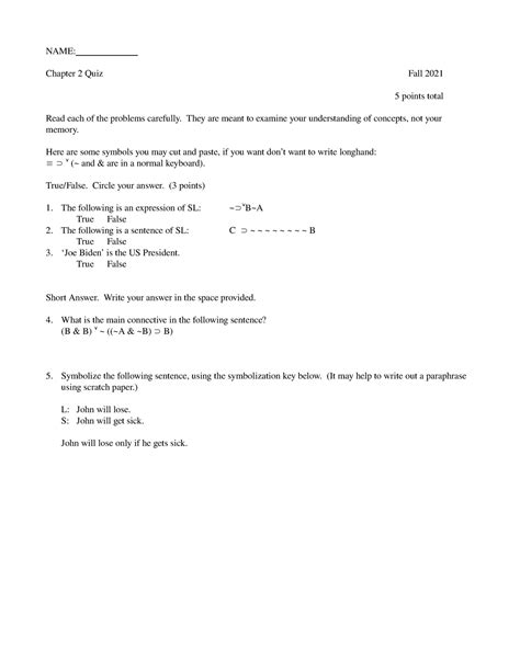 Chapter 2 quiz - logic - NAME: Chapter 2 Quiz Fall 2024 5