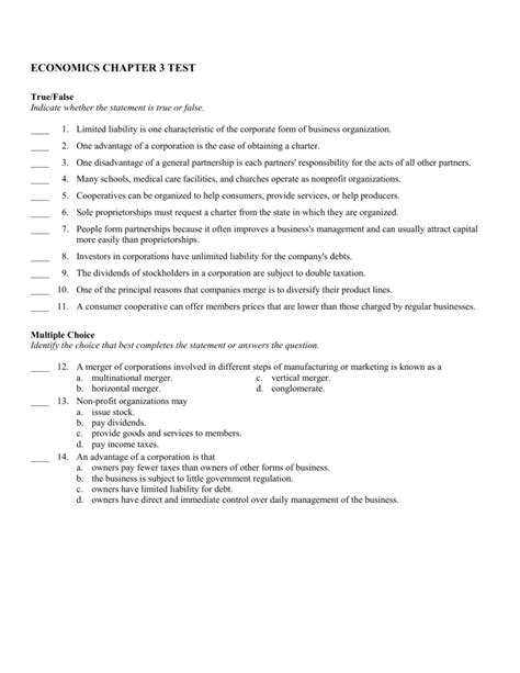 Chapter 3 Economics Test Answers