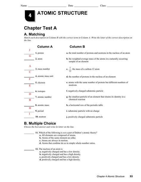 Chapter 4 Test Atomic Structure Key