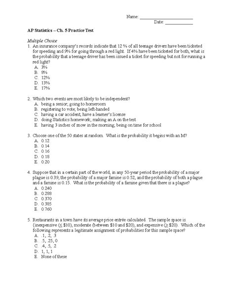 Chapter 5 Practice Test Date ____________ AP Statistics Ch. 5
