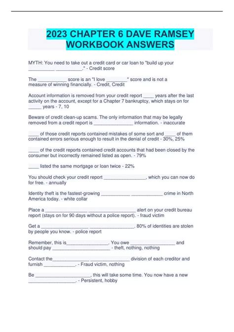 Chapter 6 Dave Ramsey Workbook Answers