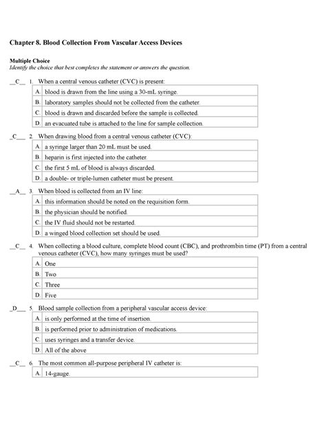 Chapter 8 Quiz - Chapter 8. Blood Collection From Vascular