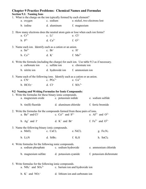 Chapter 9 Chemical Names Formulas Practice Problems Answer Key