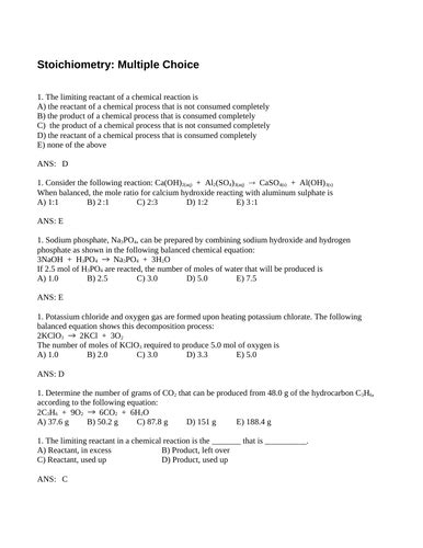 Chapter 9 Stoichiometry Multiple Choice Answers